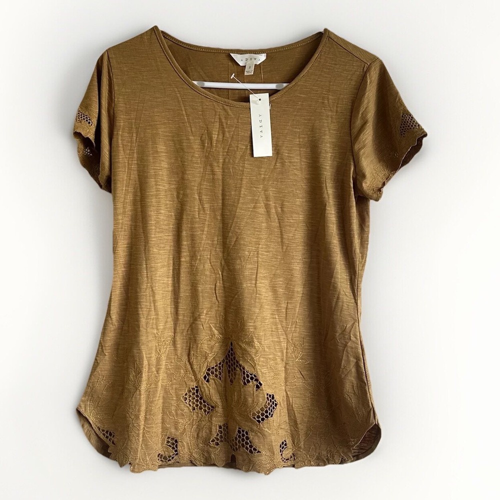 NWT ADIVA Womens Small Orange Embroidered Short Sleeve Boho Indie Round Neck Top